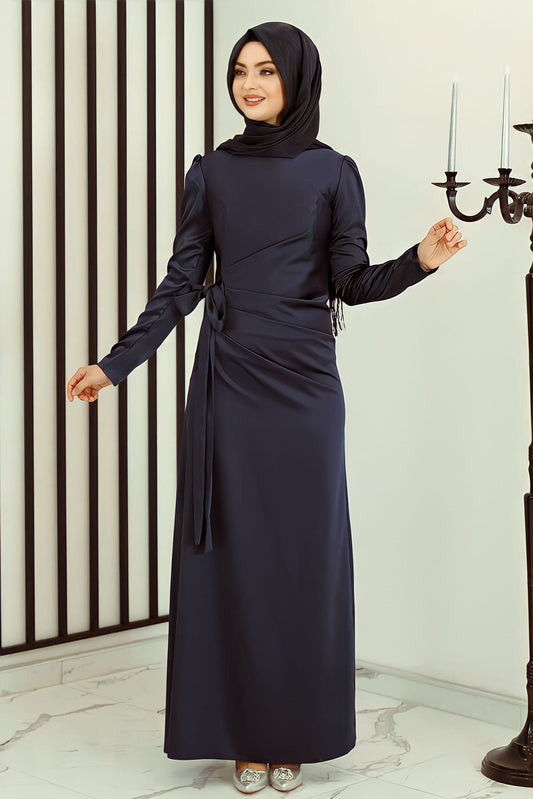 Satinkleid Damen Hijab Abendkleid langärmliges Maxikleid Abiye Abaya (HÜLYA)
