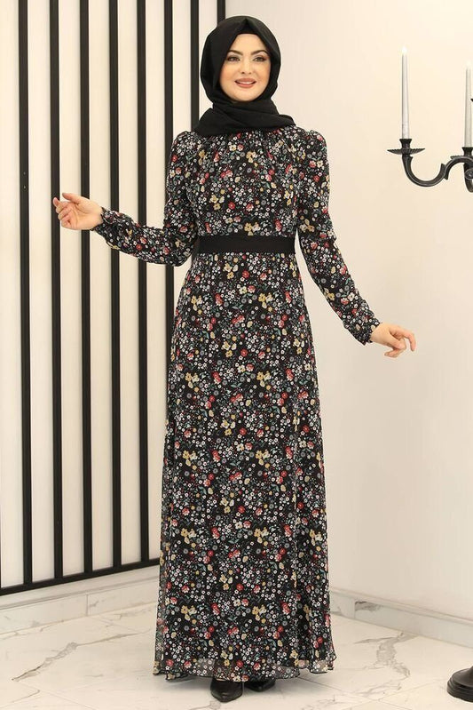 Chiffonkleid Damen Kleid Geblümtes Abendkleid Hijab Mode Maxikleid (MANOLYA)