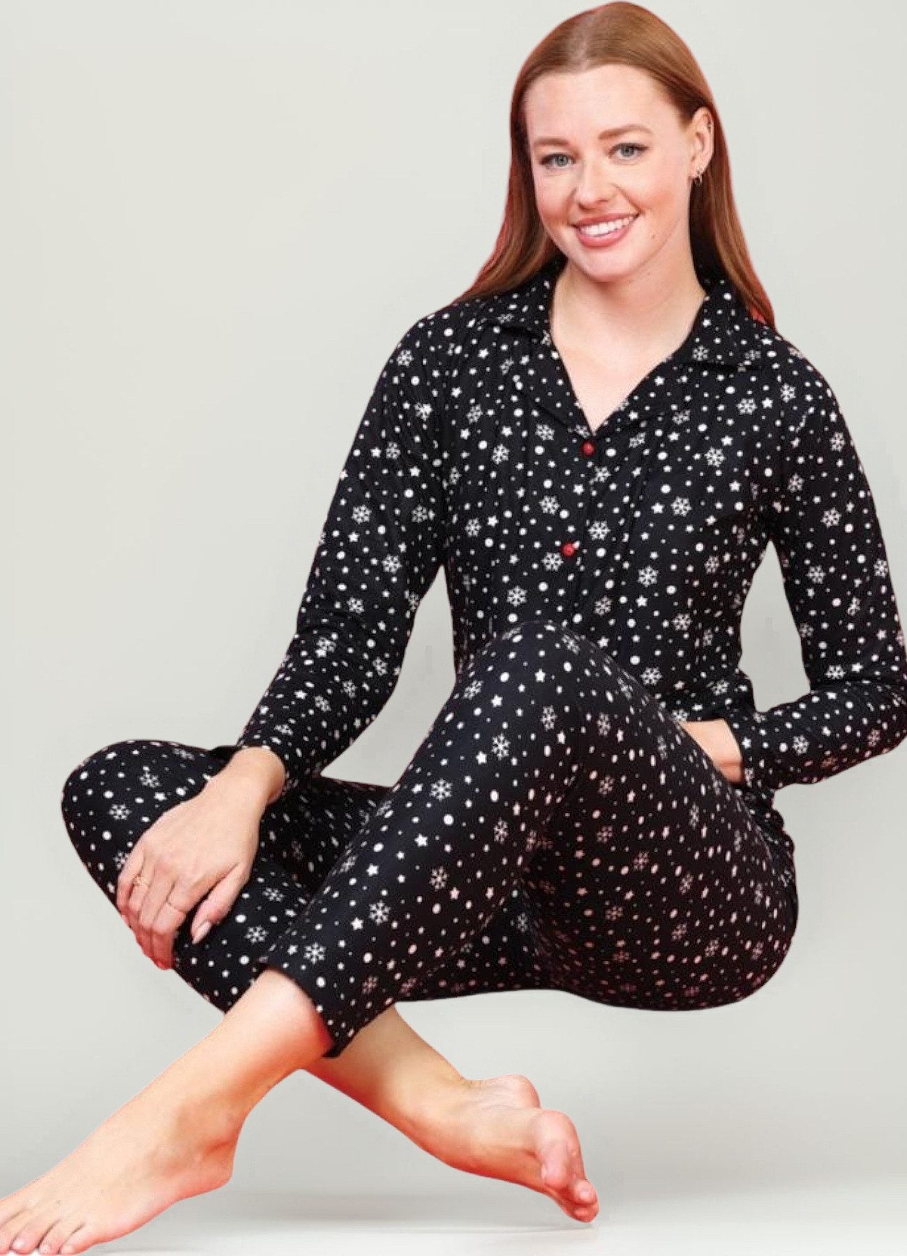 Schlafanzug Damen Pyjama Set Langärmliges Hemd Lange Hose 100% Baumwolle