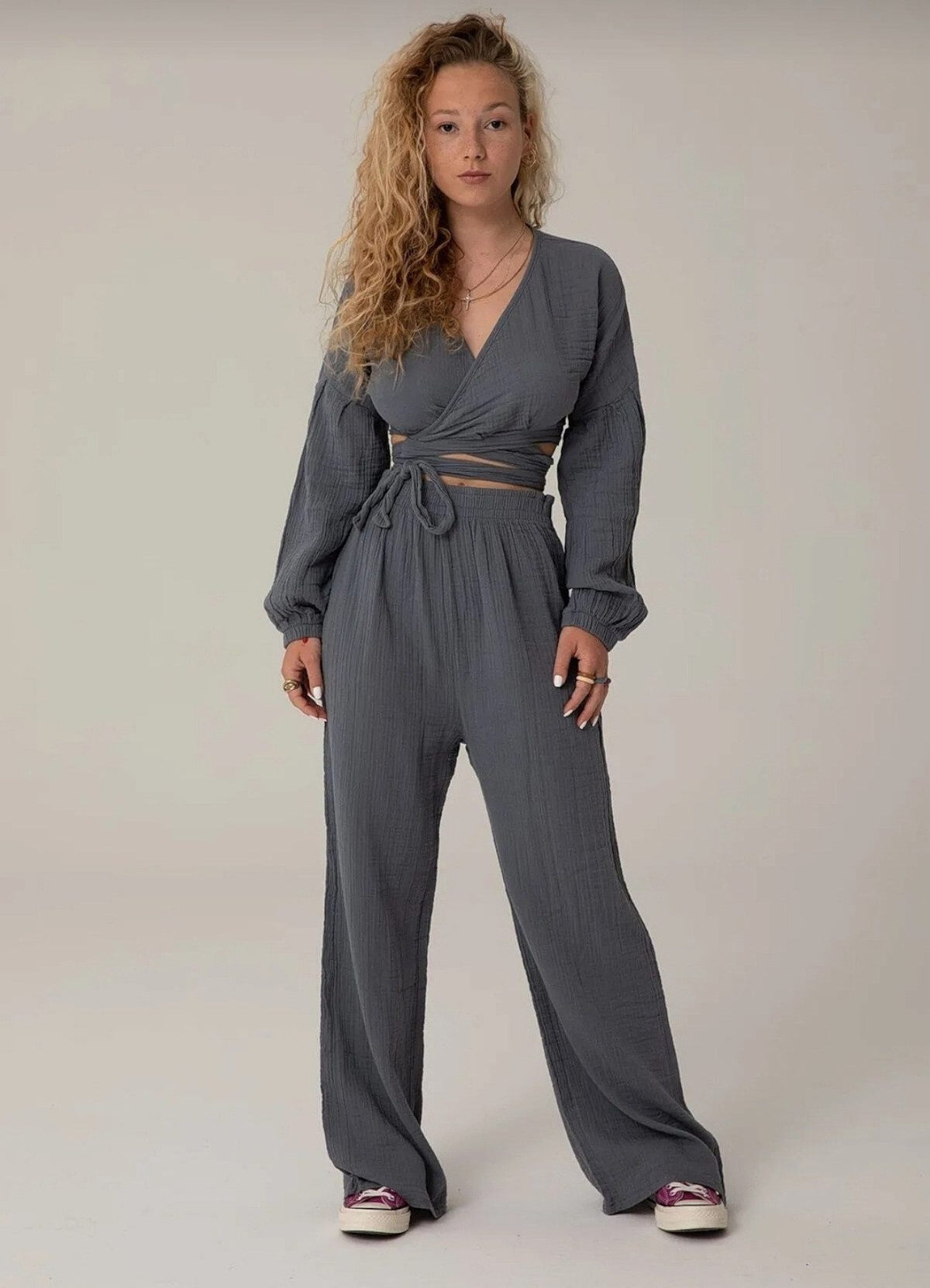 Palazzohose Damen Sommerhose aus Musselin 100% Baumwolle Elastischer Bund