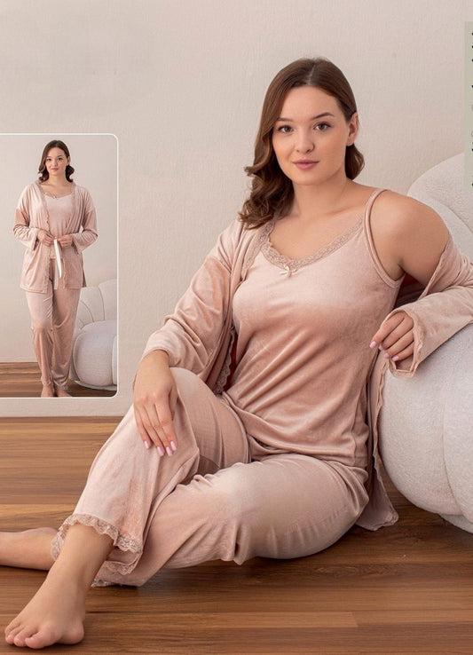 Hausanzug 3 teiliger Pyjama Schlafanzug mit Morgenmantel 100% Samt