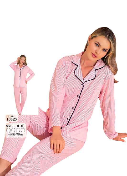 Schlafanzug Damen Pyjama Set Zweiteilig, Rosa-Weiß Baumwolle, Nachtwäsche