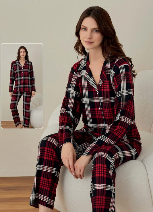 Pyjama Damen Schlafanzug aus 100% Baumwolle – Karomuster