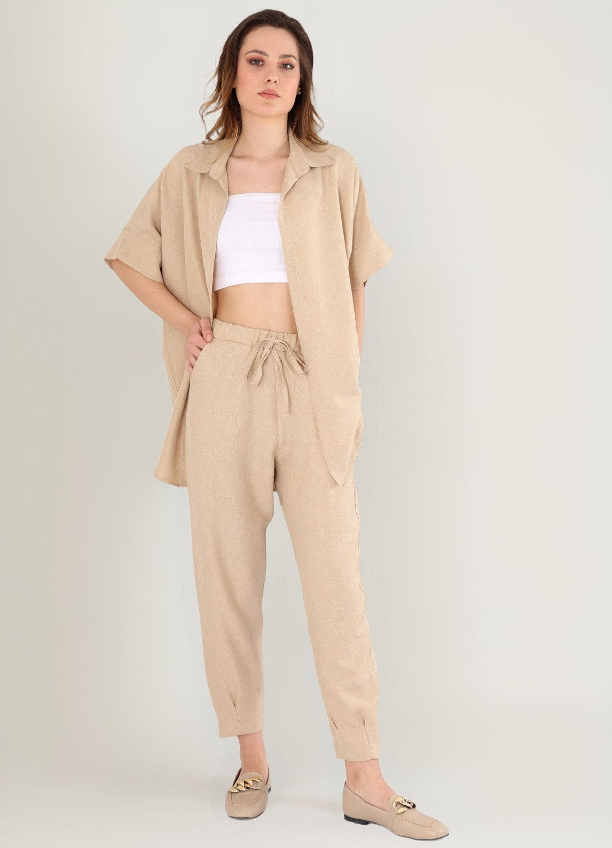 Schlupfhose Damen Hose Leinenoptik im Jogger Stil mit Elastischem Bund