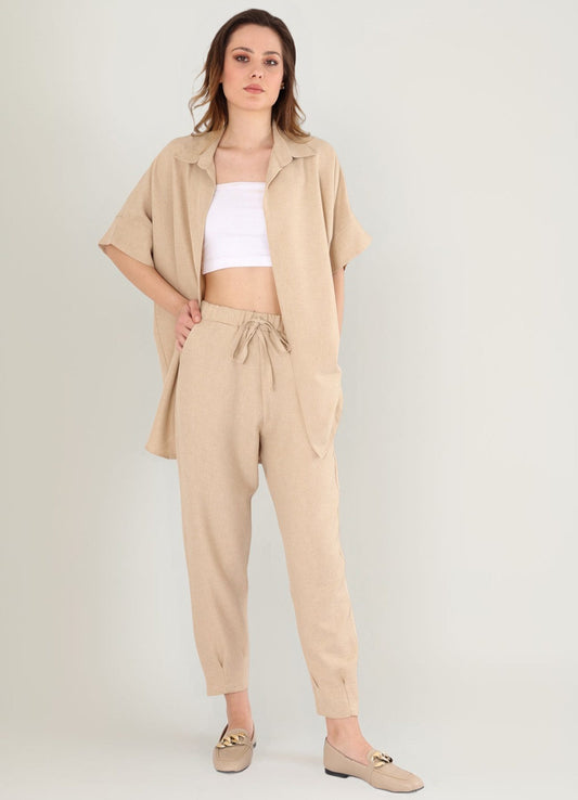 Schlupfhose Damen Hose Leinenoptik im Jogger Stil mit Elastischem Bund