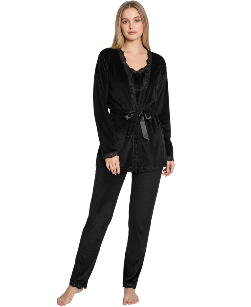 Hausanzug 3 teiliger Pyjama Schlafanzug mit Morgenmantel 100% Samt