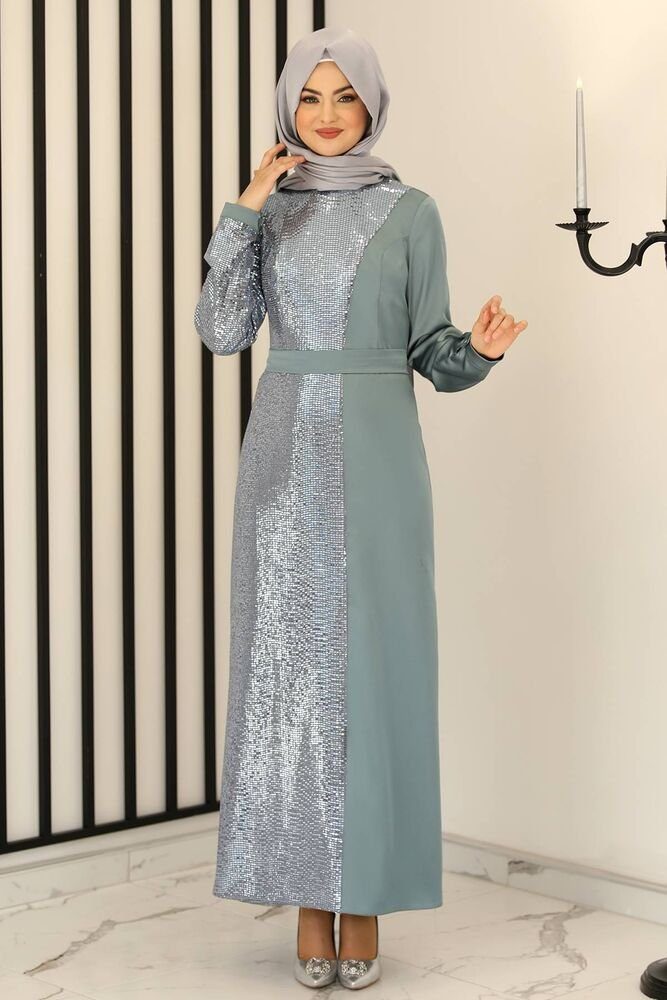 Paillettenkleid Damen Abendkleid silbernes Kleid Modest Fashion Abiye (FIRUZE)