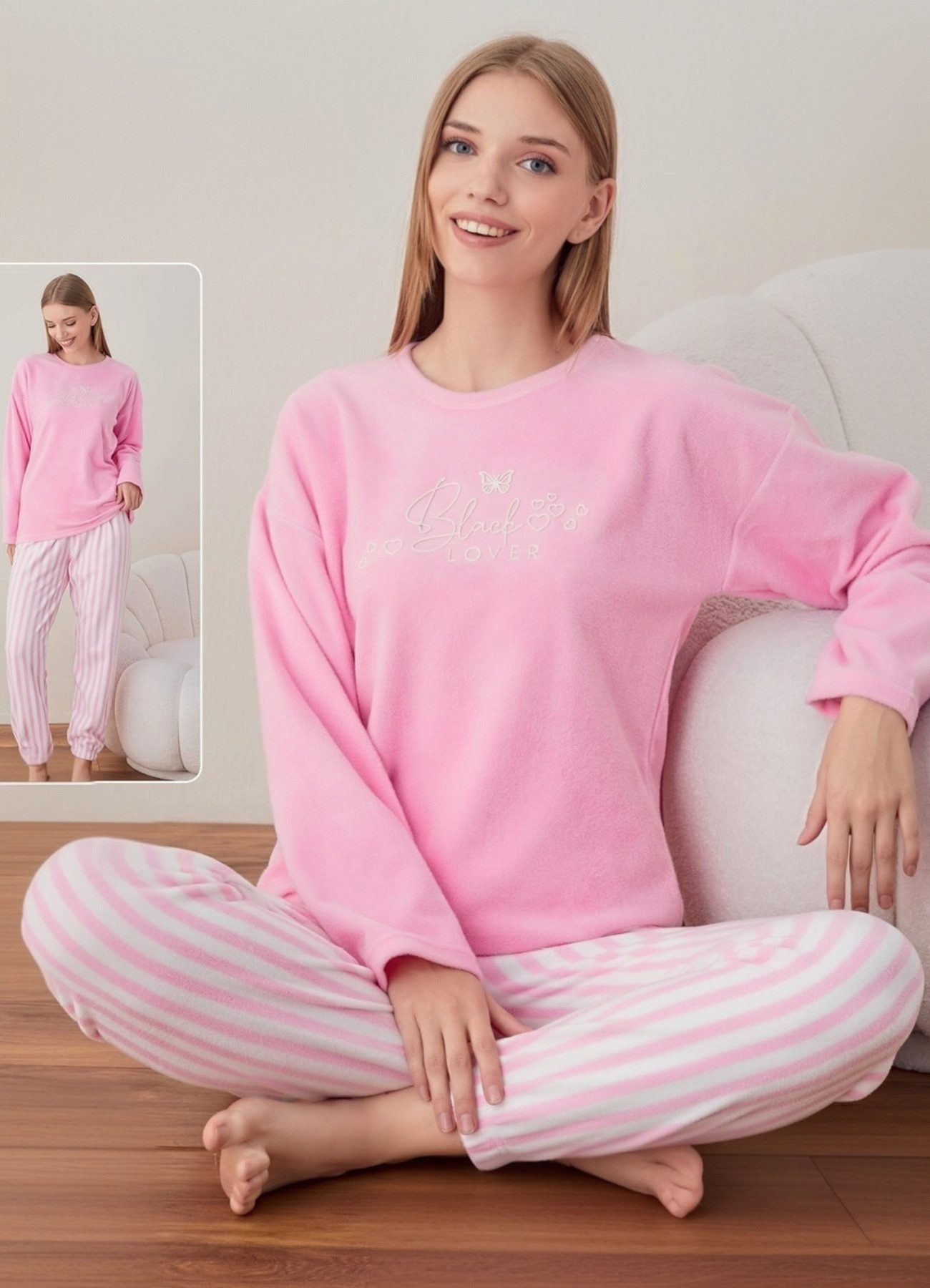 Pyjama Damen Schlafanzug Soft Samt 100% Baumwolle, Plüsch-Fleece 5 Designs