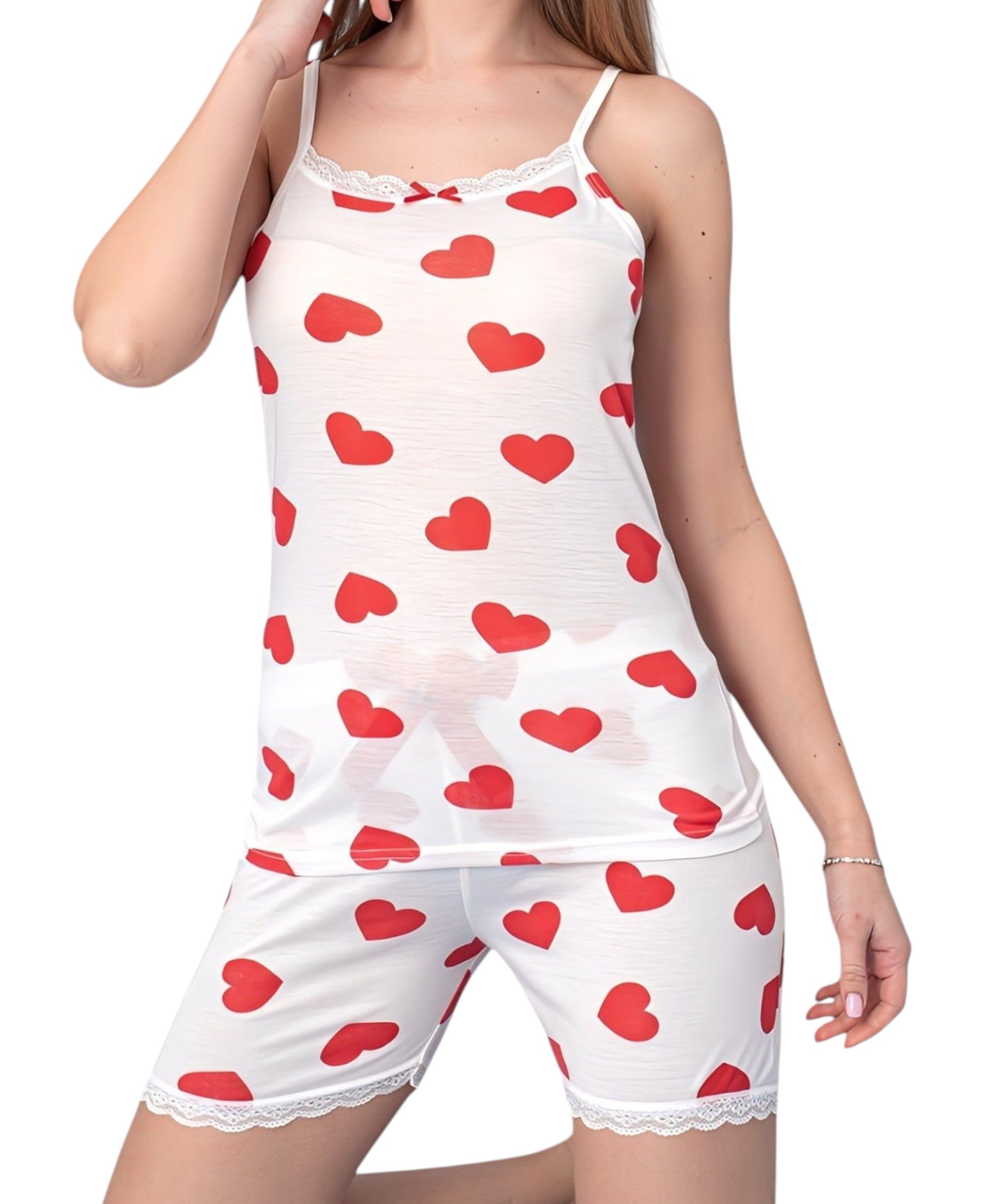 Pyjama Damen Hausanzug – Schlafanzug mit Shorts & Top, 100% Baumwolle, Herz-Design