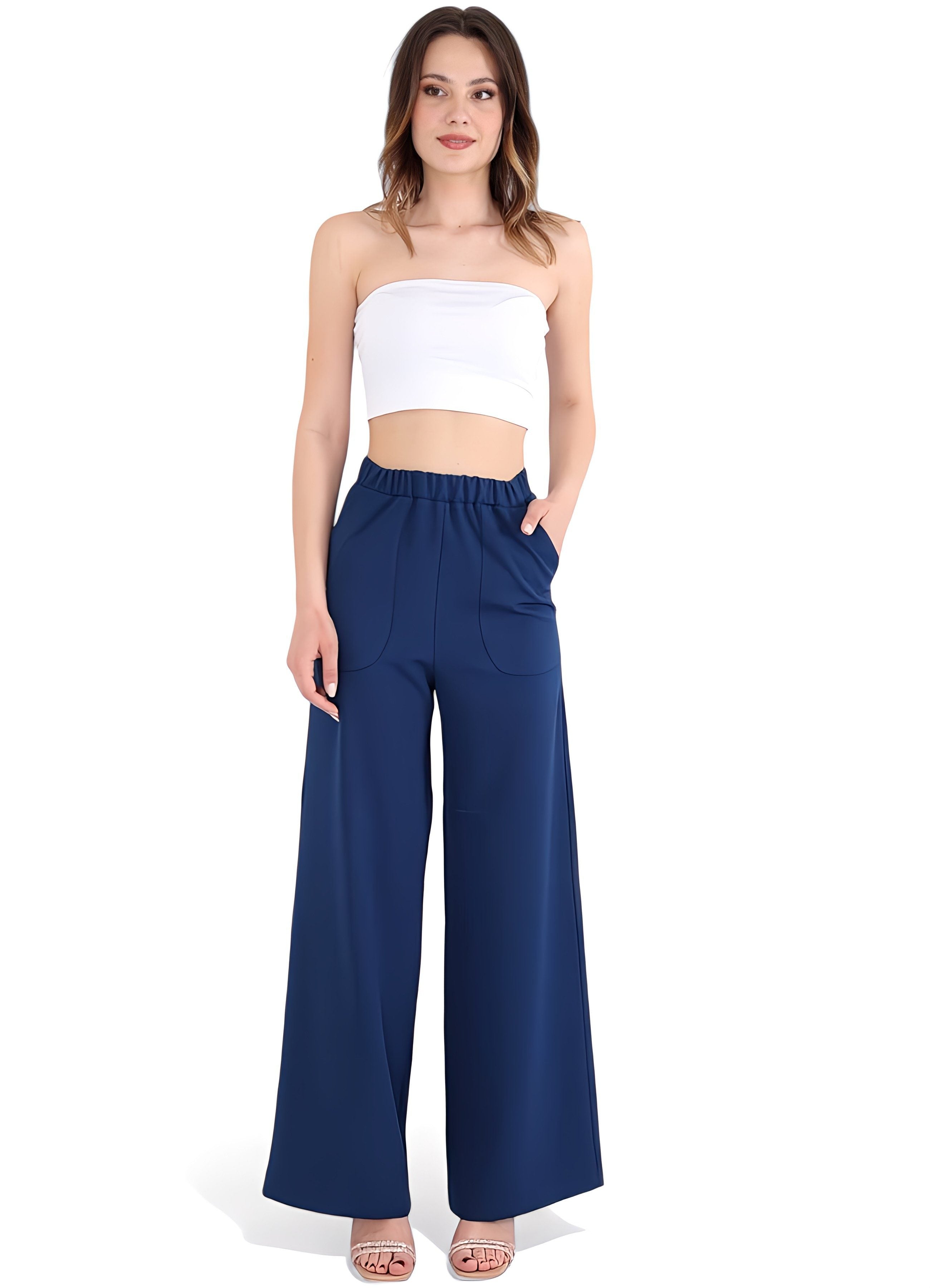 Schlupfhose Damen Hose High Waist – Weites Bein mit Taschendetail