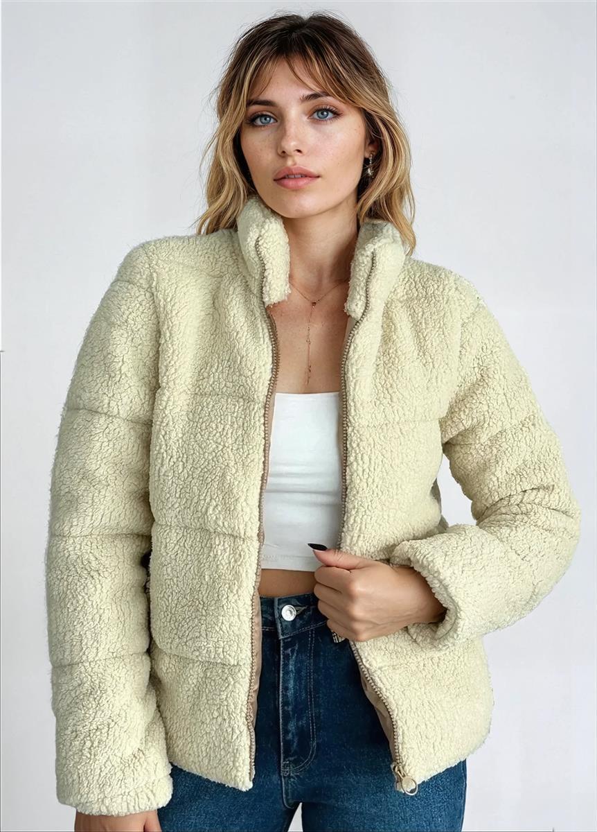 Plüschjacke Damen Teddy Pufferjacke mit Reißverschluss