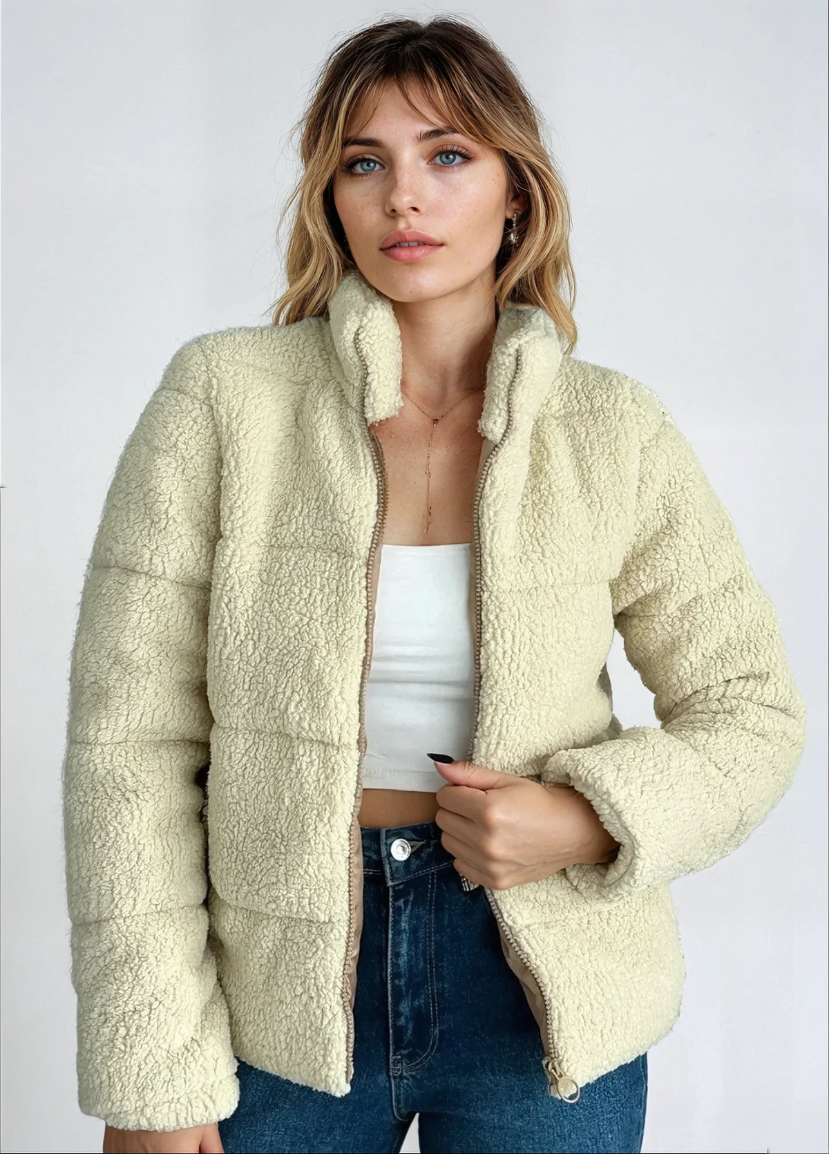 Plüschjacke Damen Teddy Pufferjacke mit Reißverschluss
