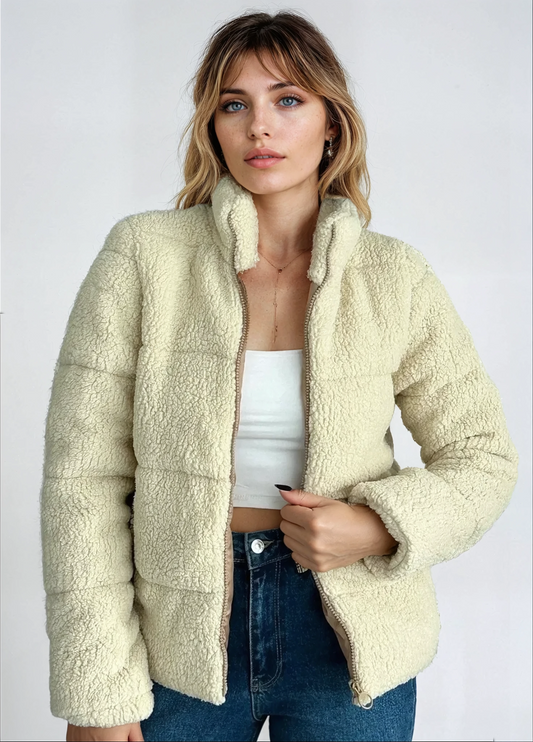 Plüschjacke Damen Teddy Pufferjacke mit Reißverschluss