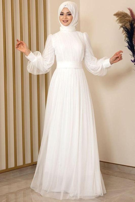 Tüllkleid Damen Abendkleid Maxilänge Abaya-Stil - Modest Mode 38 ecru weiß