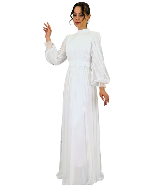 Tüllkleid Damen Abendkleid Maxilänge Abaya-Stil - Modest Mode 40 ecru weiß