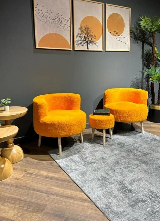 Loungeset 3-teiliges Plüsch Set 2 Plüschsessel & 1 Hocker mit Holzbeinen