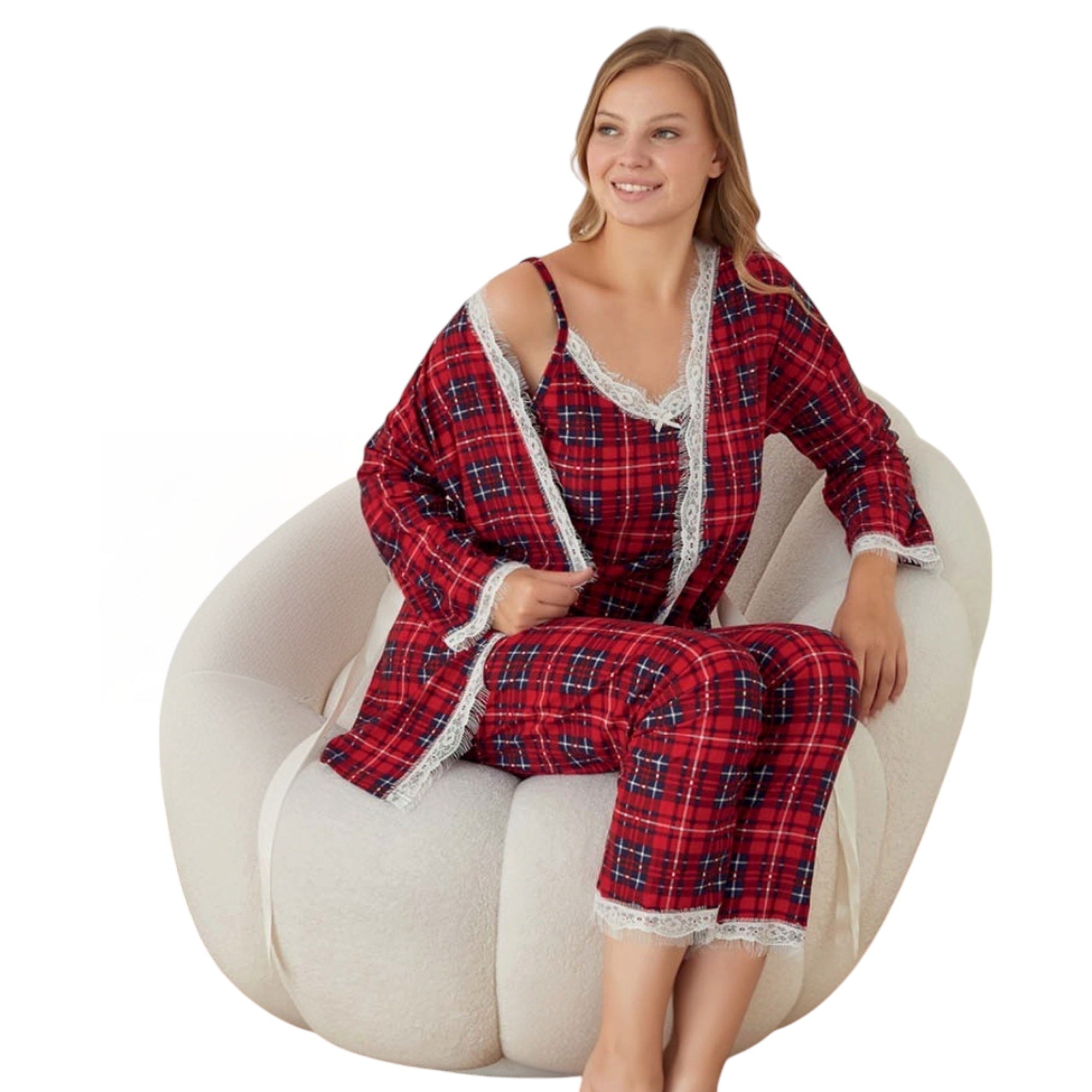 Damen 3-teilig mit Spitze - Schlafanzug Pyjama Set Kariert & Gepunktet