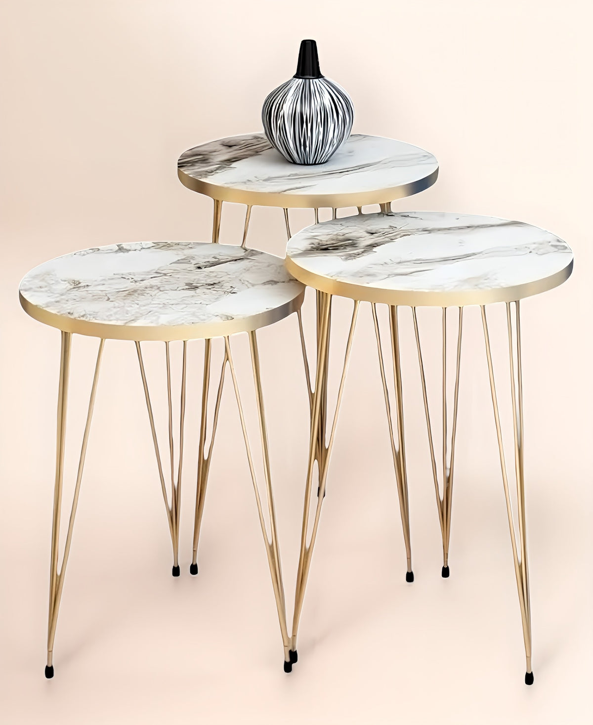 Beistelltisch 3er Set Runder Wohnzimmertisch mit Marmor-Optik & Gold-Gestell