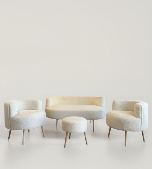 4-teilig – 2 Sessel, Sitzbank & Hocker, Bouclé-Stoff, skandinavisch