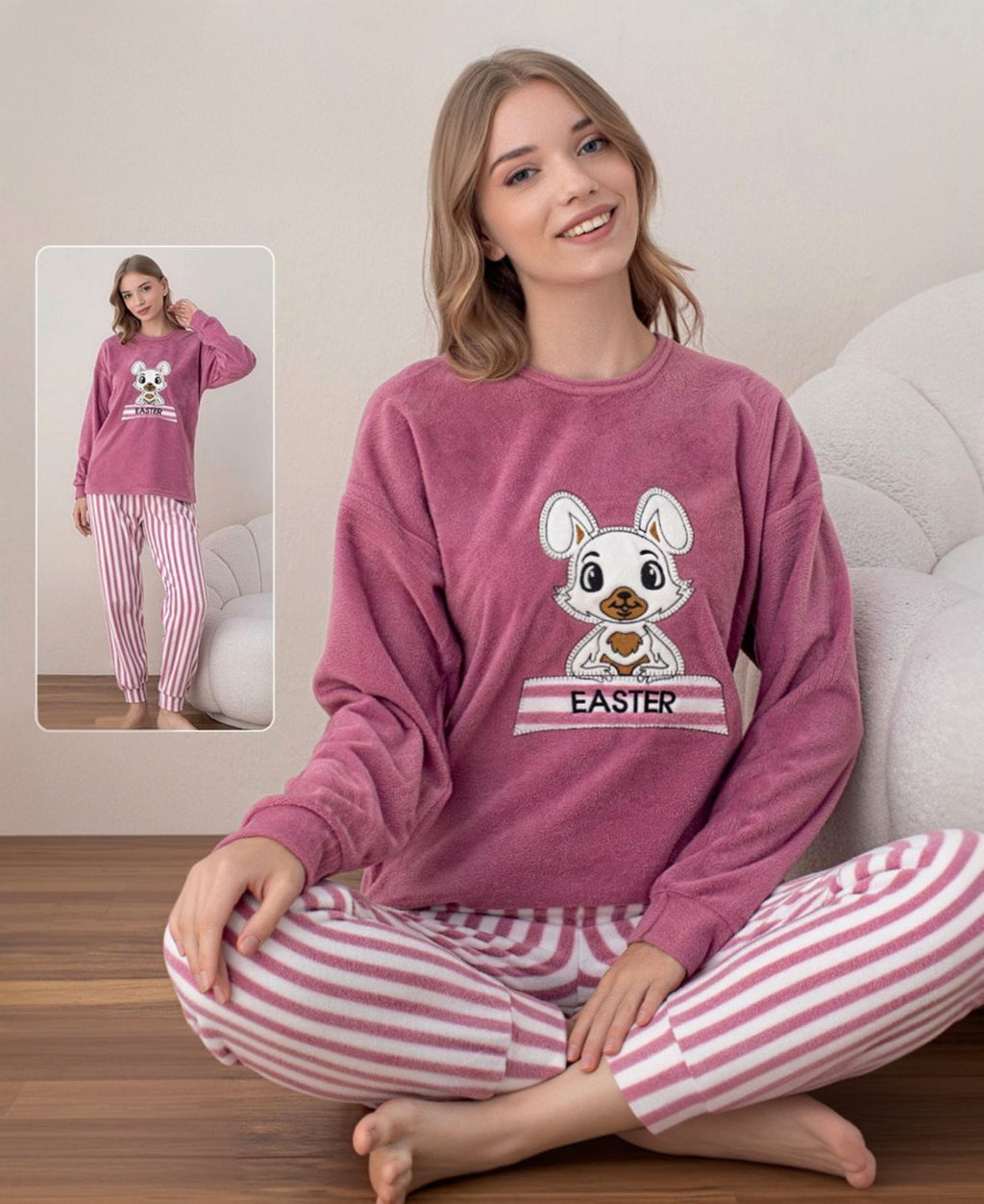 Pyjama Damen Velours Schlafanzug rosa Soft Samt - Hausanzug Baumwolle
