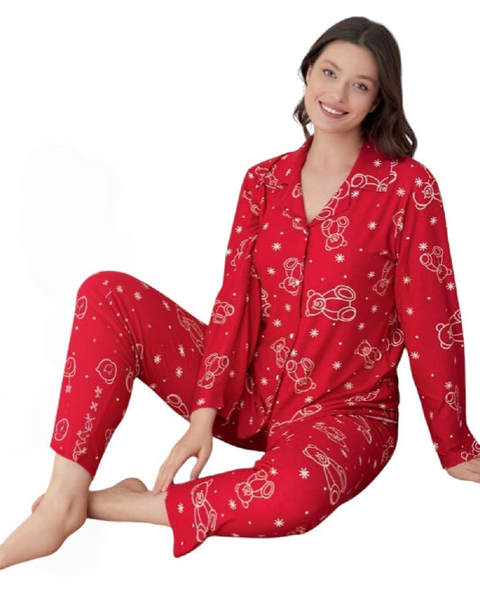 Pyjama Damen Schlafanzug Set – Langarm mit Teddybär-Design, warm & gemütlich