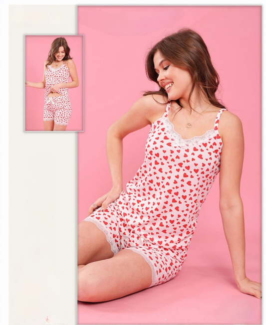 Pyjama Damen Hausanzug 2-teilig – Schlafanzug Set mit Shorts & Top, Herz-Design