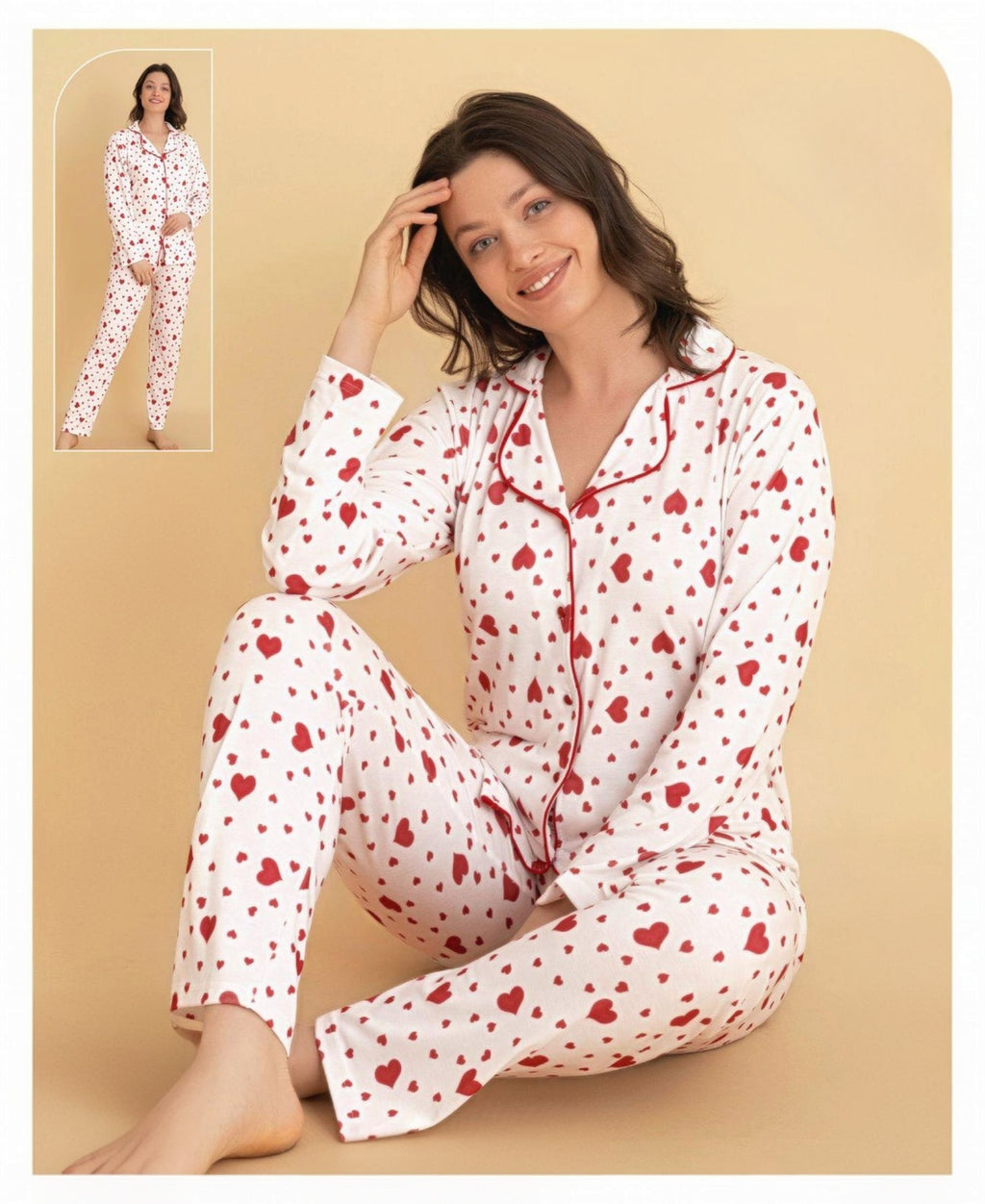 Pyjama Damen – Langarm-Schlafanzug mit Herz-Design, Knopfleiste & Kragen