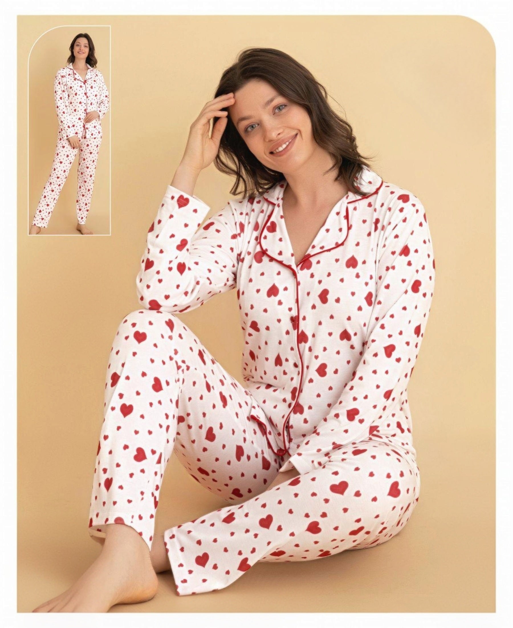 Pyjama Damen – Langarm-Schlafanzug mit Herz-Design, Knopfleiste & Kragen