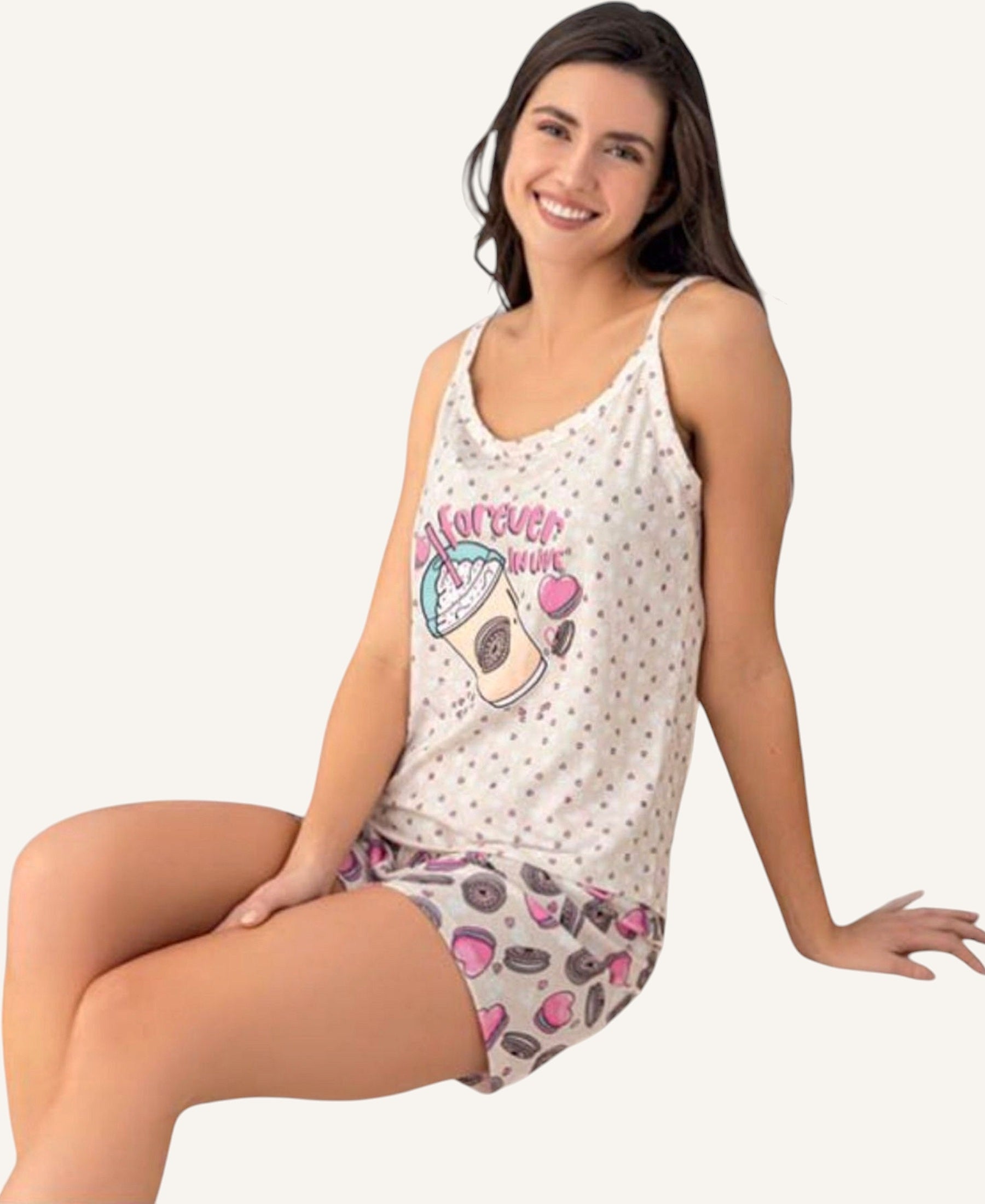 Pyjama Damen Schlafanzug mit Shorts & Top, weicher Baumwoll-Mix Print-Design