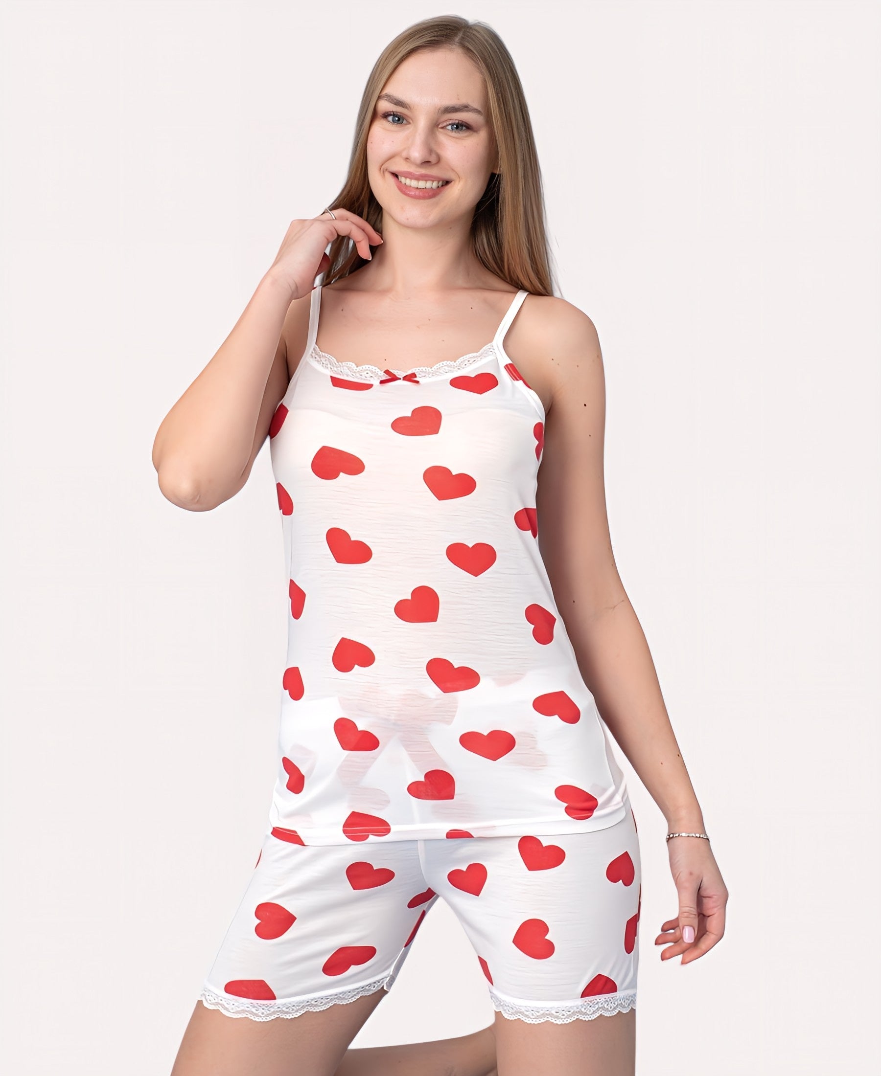 Pyjama Damen Hausanzug – Schlafanzug mit Shorts & Top, 100% Baumwolle, Herz-Design