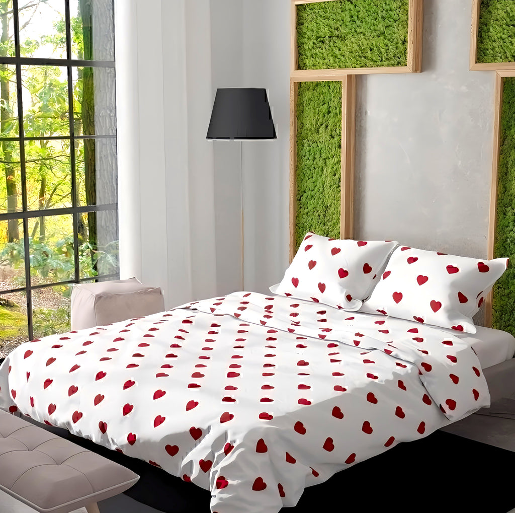 Bettwäsche Set 3-teilig mit roten Herzen 200x220 cm Baumwoll-Ranforce Einheitsgröße weiß