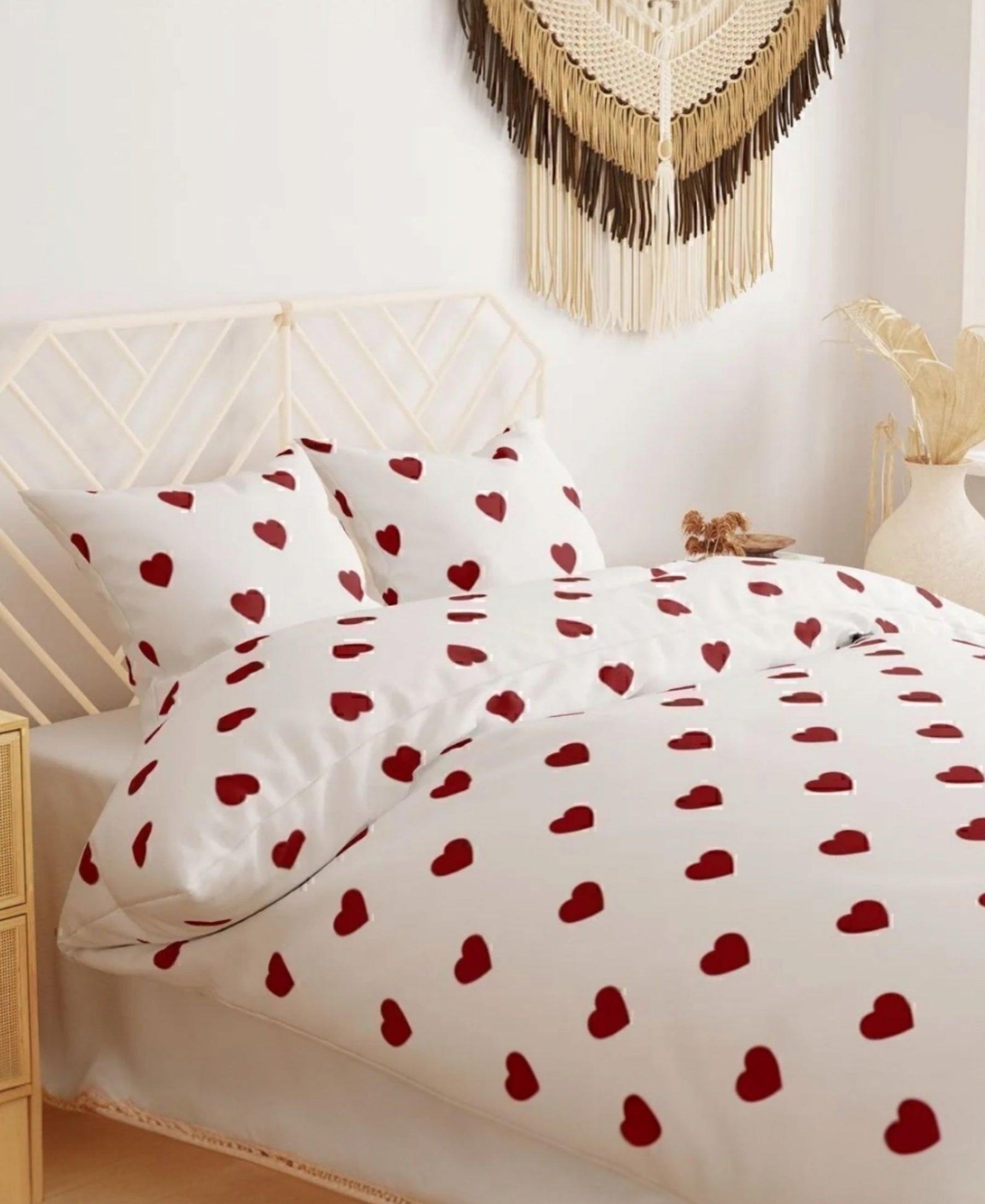 Bettwäsche Set 3-teilig mit roten Herzen 200x220 cm Baumwoll-Ranforce Einheitsgröße weiß