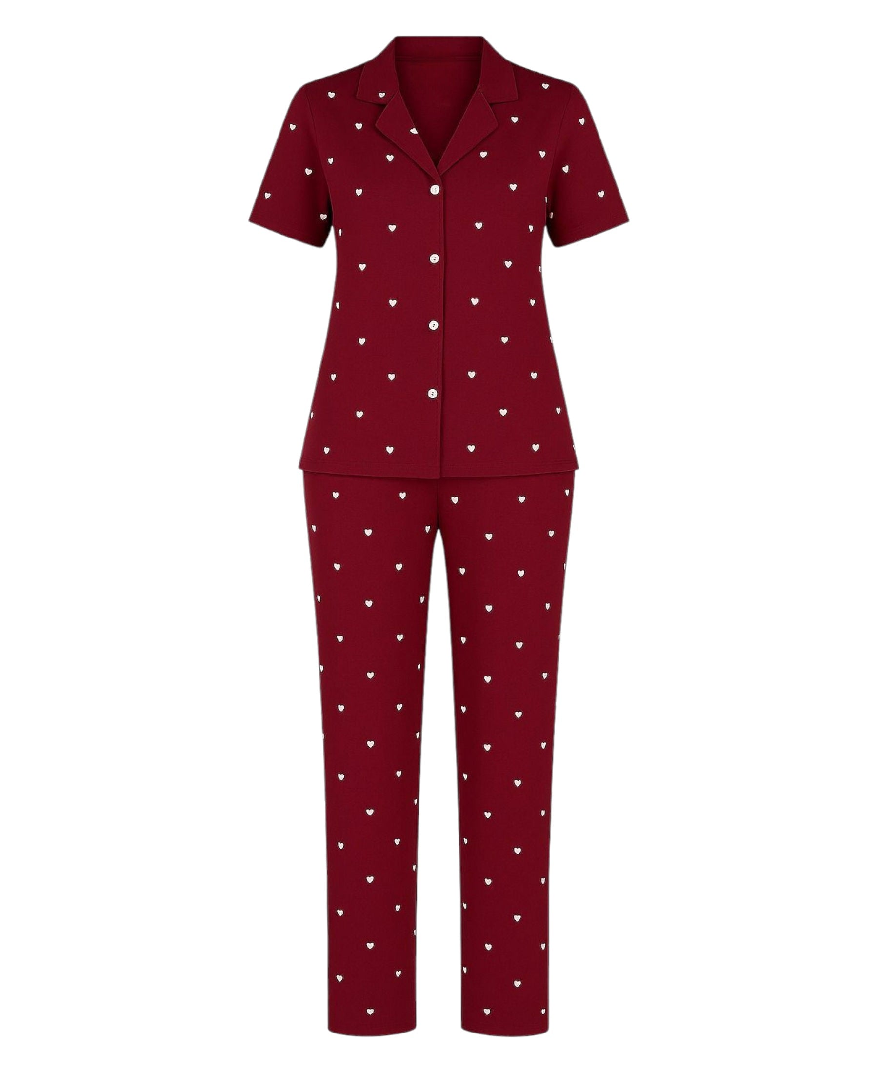Pyjama Damen Hausanzug Langarm-Schlafanzug Bordeauxrot mit Herz-Design