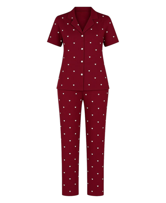 Pyjama Damen Hausanzug Langarm-Schlafanzug Bordeauxrot mit Herz-Design