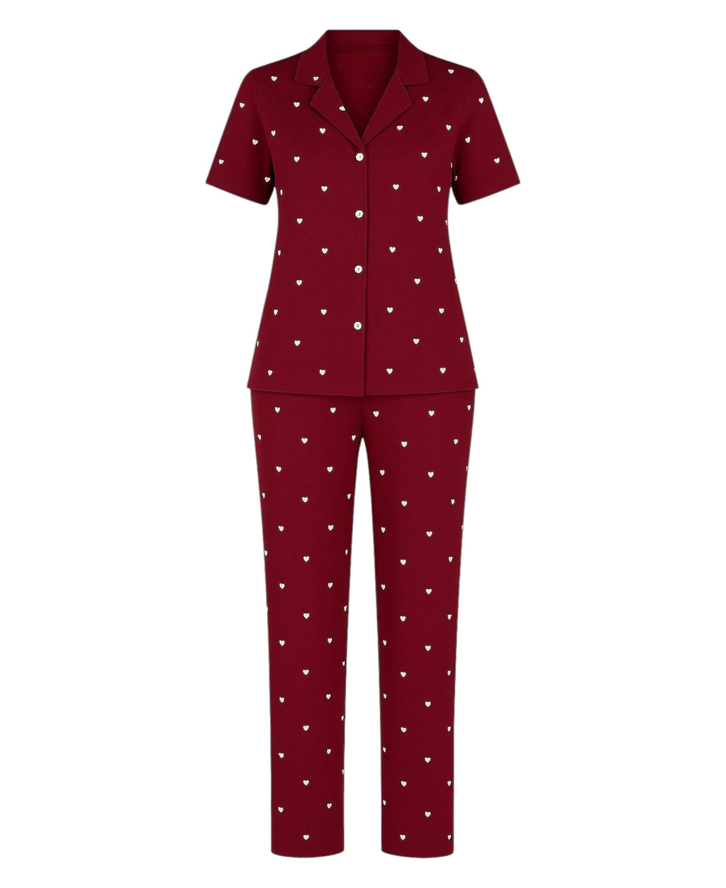 Pyjama Damen Hausanzug Langarm-Schlafanzug Bordeauxrot mit Herz-Design
