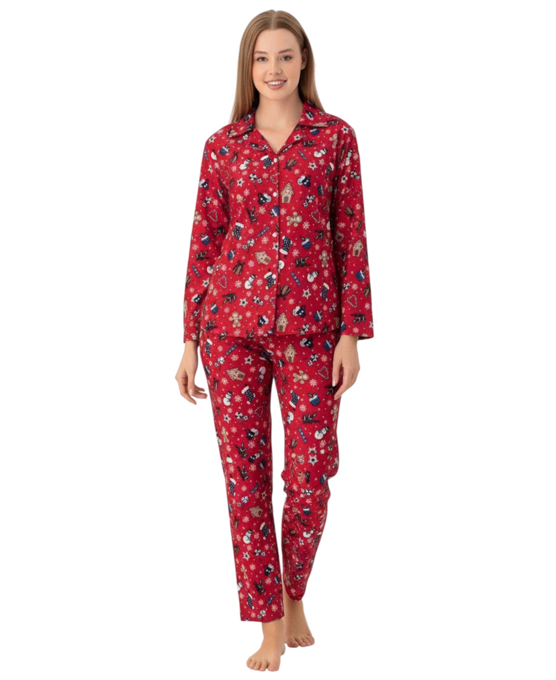 Pyjama Damen Schlafanzug mit Weihnachtsmotiven Rot & Schwarz