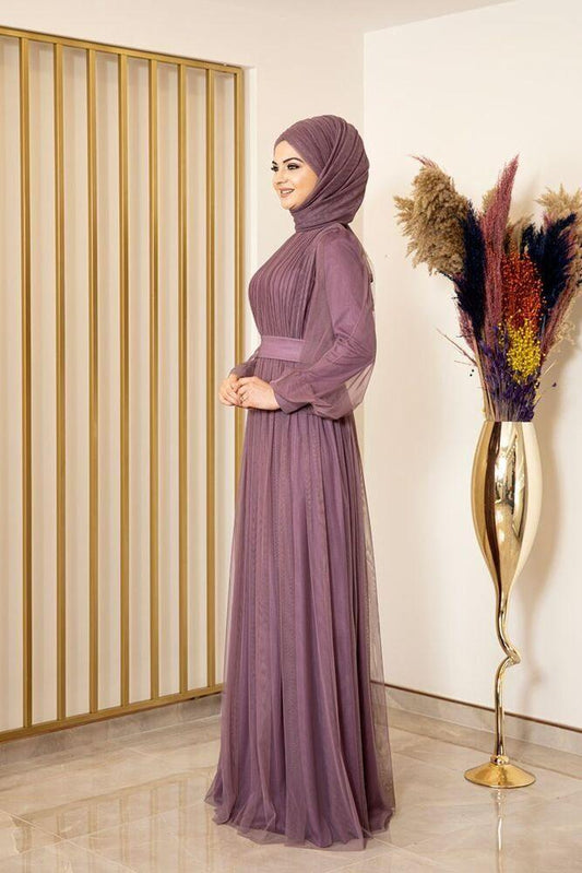 Tüllkleid Damen Abendkleid Maxilänge Abaya-Stil - Modest Mode 36 ecru weiß