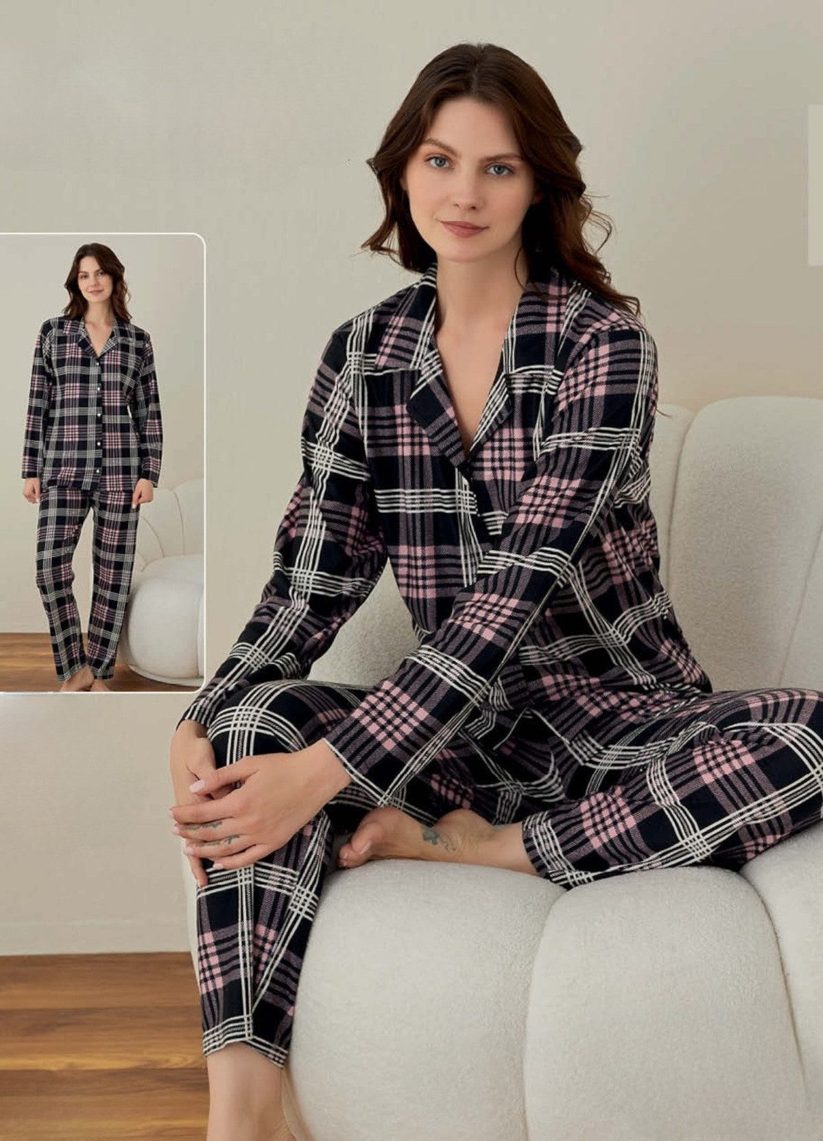 Pyjama Damen Schlafanzug aus 100% Baumwolle – Karomuster