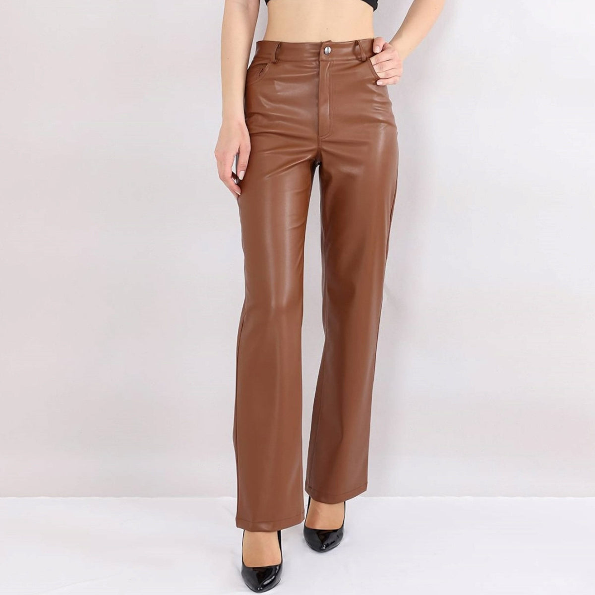 Lederimitathose Damen Hose in Lederoptik - Kunstlederhose mittlere Taille