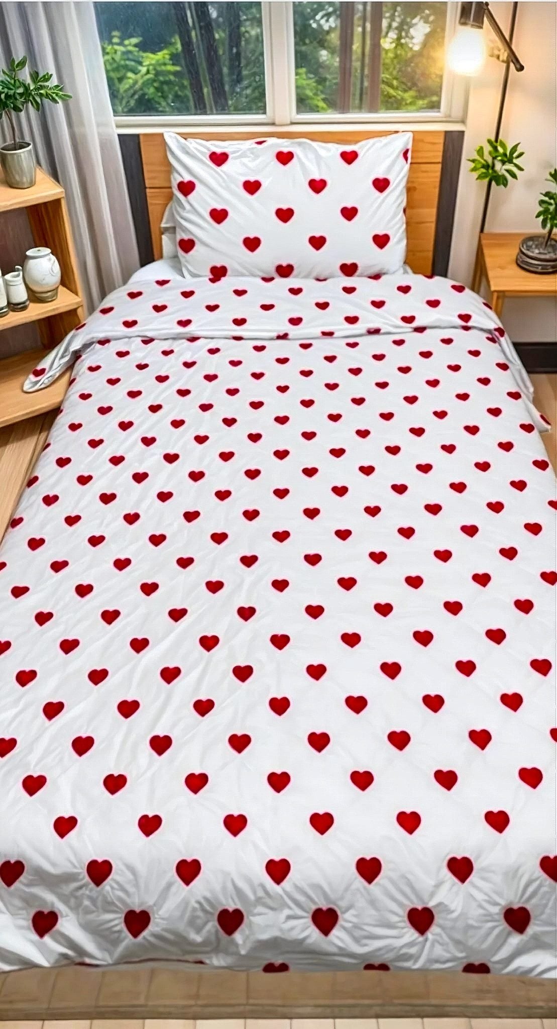 Bettwäsche Set 2-teilig mit roten Herzen, Baumwolle, für 1 Person (160x200 cm) Einheitsgröße weiß