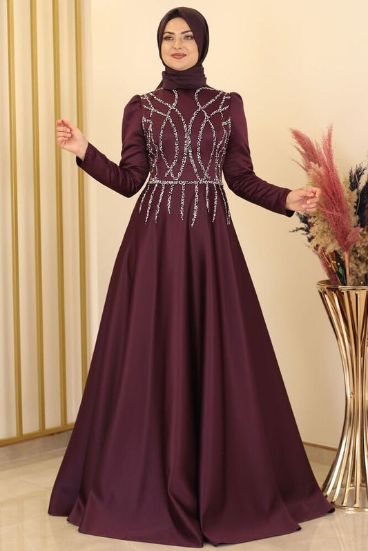 Satinkleid Maxikleid in Satinoptik mit Schmucksteinbesatz - Modest Fashion Abiye