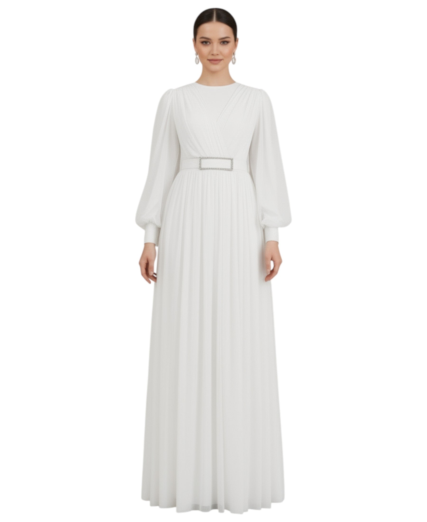 Abendkleid Damen Maxikleid langarm Tüllkleid elegant mit Gürtel Modest Fashion