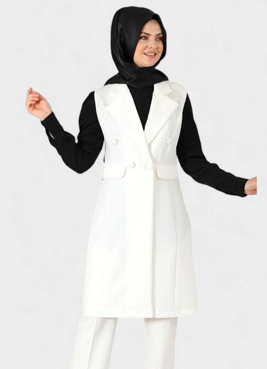 Longtunika Damen Weste mit Knopfdetail und Kragen - Modest Fashion