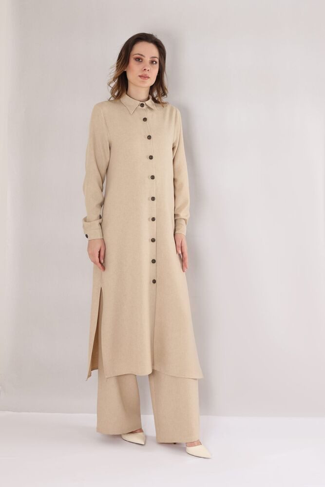 Longtunika mit Kragen und Knöpfen - Langarm-Hemdkleid Leinenoptik Modest Fashion