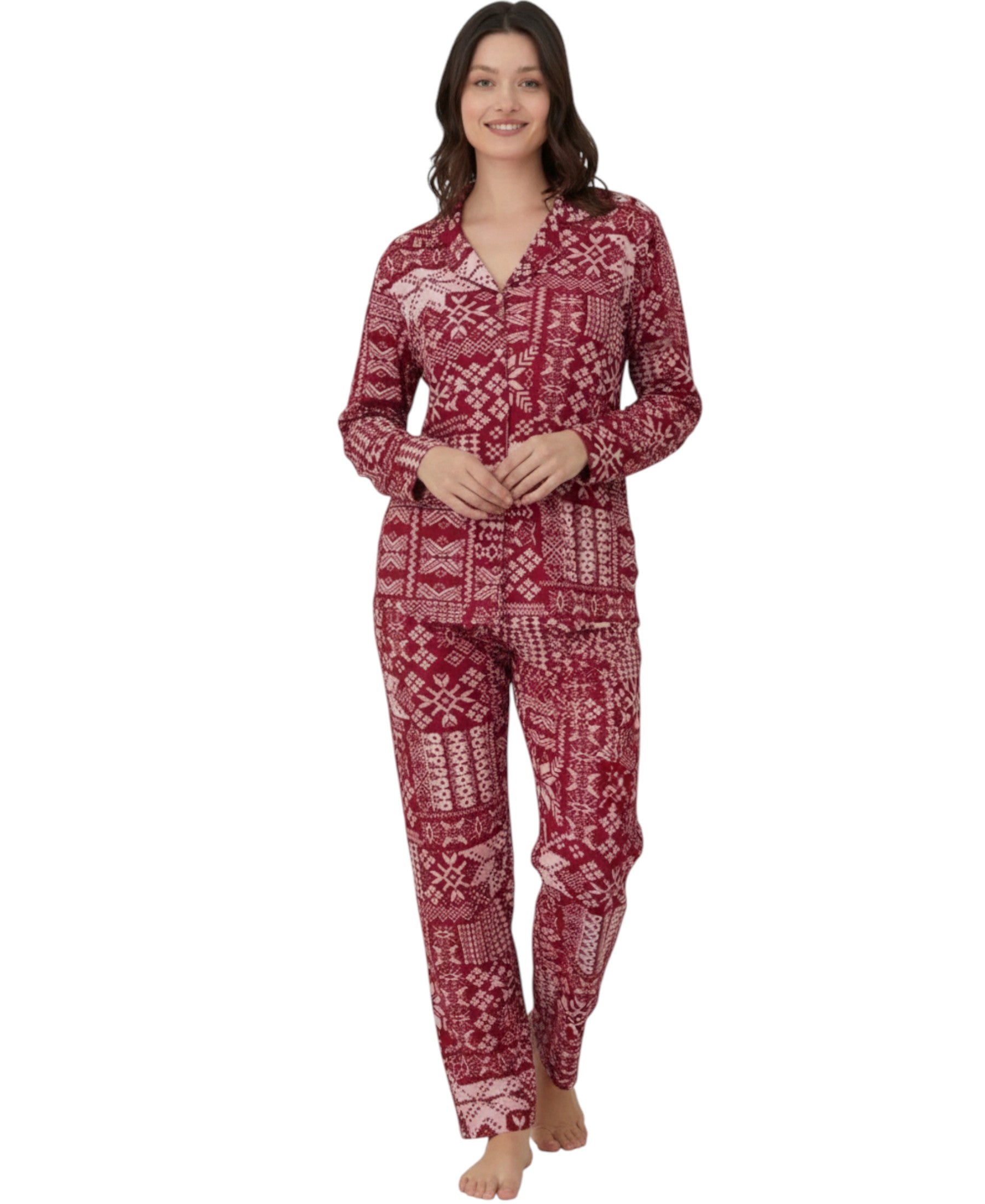 Hausanzug Damen – Winter Schlafanzug mit Norweger Muster, warm & bequem