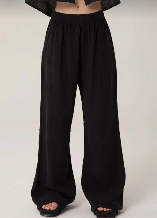 Palazzohose Damen Sommerhose aus Musselin 100% Baumwolle Elastischer Bund