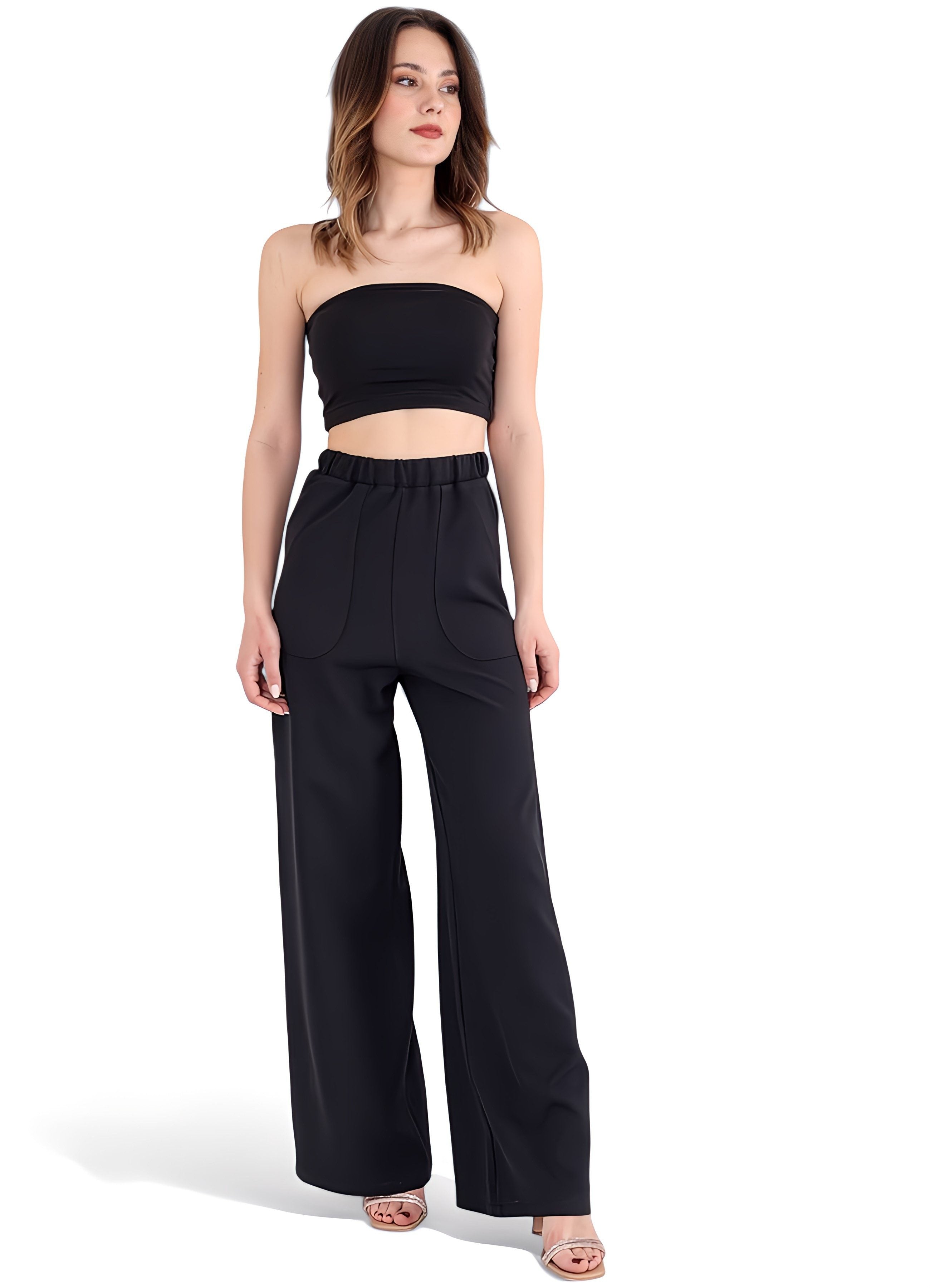 Schlupfhose Damen Hose High Waist – Weites Bein mit Taschendetail