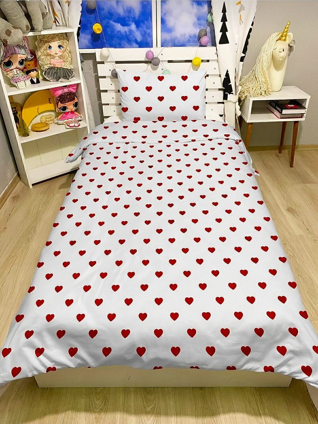 Bettwäsche Set 2-teilig mit roten Herzen, Baumwolle, für 1 Person (160x200 cm) Einheitsgröße weiß