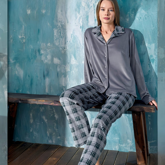 Schlafanzug Pyjama Set Damen Schlafanzug Langärmlig Samt Nachtwäsche Viskose
