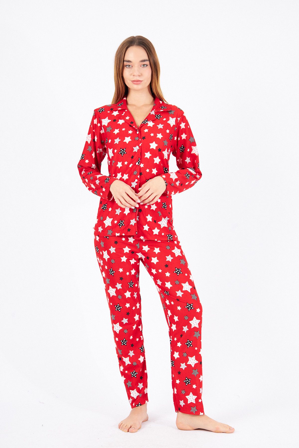 Schlafanzug Damen Pyjama Set mit Sterne-Muster für Winter und Weihnachten